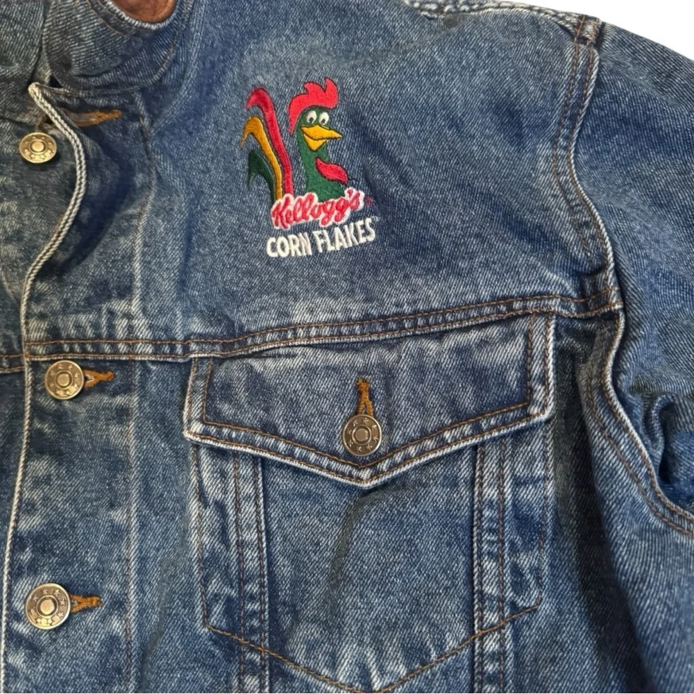 Vintage 90s Kellogg’s Corn Flakes Embroidered Denim Jacket Leather Collar Size S